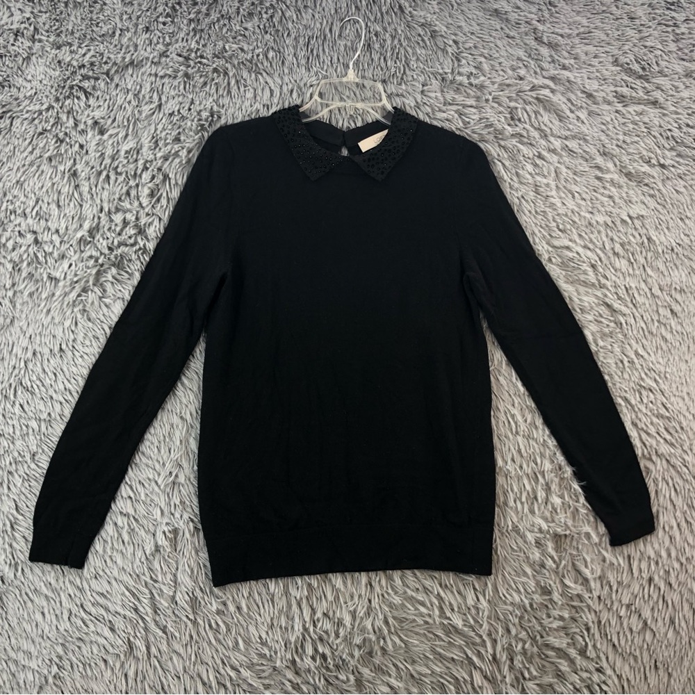 Loft Sweater Womens Medium Wool Blend Lightweight Black Embellished Collar L/S